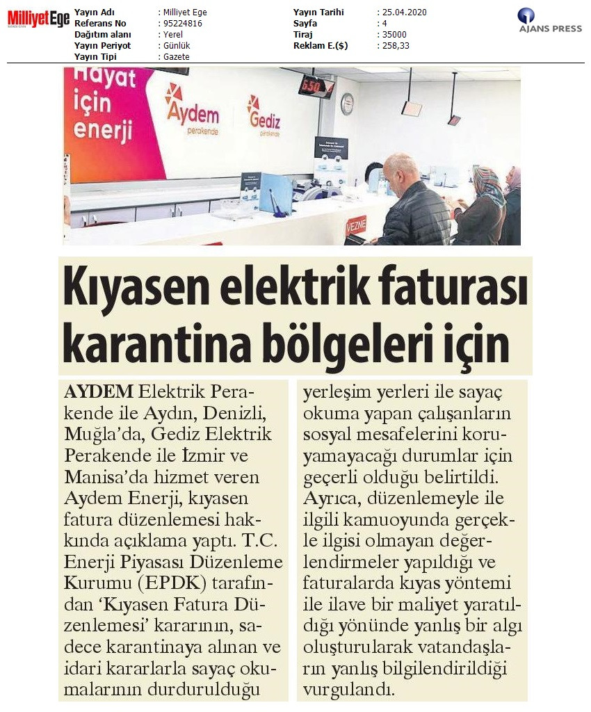  Kıyas Fatura Karantina Bölgeleri İçin 